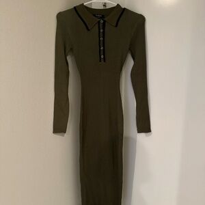 New York & Company - Contrast Trim Collared Button Front Midi Dress - S - Olive